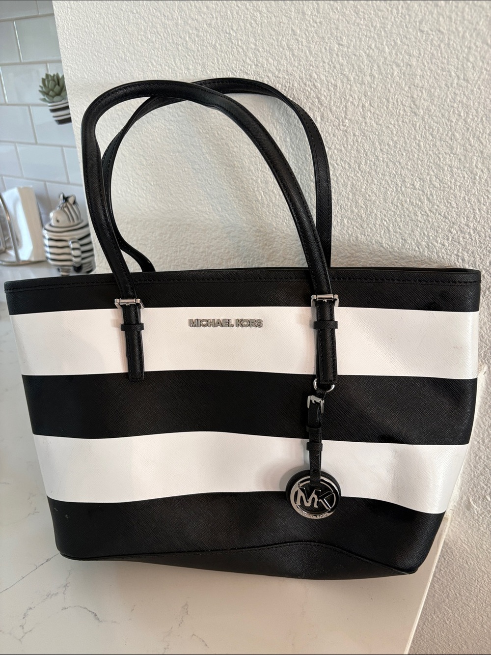 Michael Kors Black and White Striped Tote